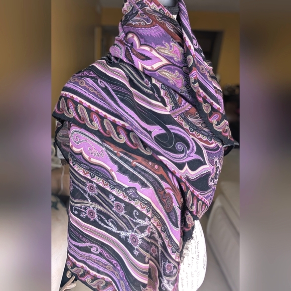 ETRO Milano Silk & Wool Purple Pink Black Paisley Print Large Scarf 67x26 - Picture 3 of 13